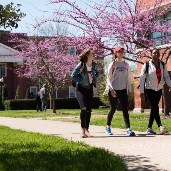 Spring on campus, students walking