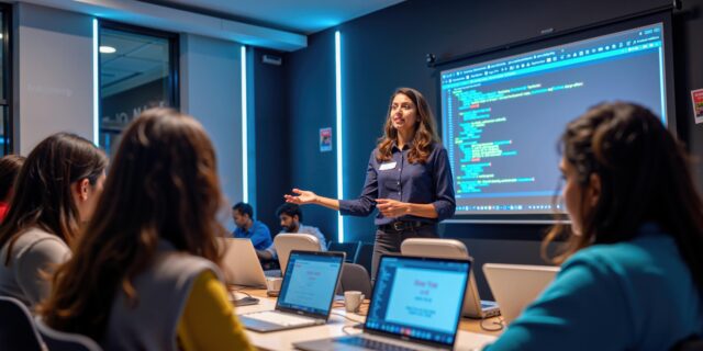 Computing students at university with lecturer