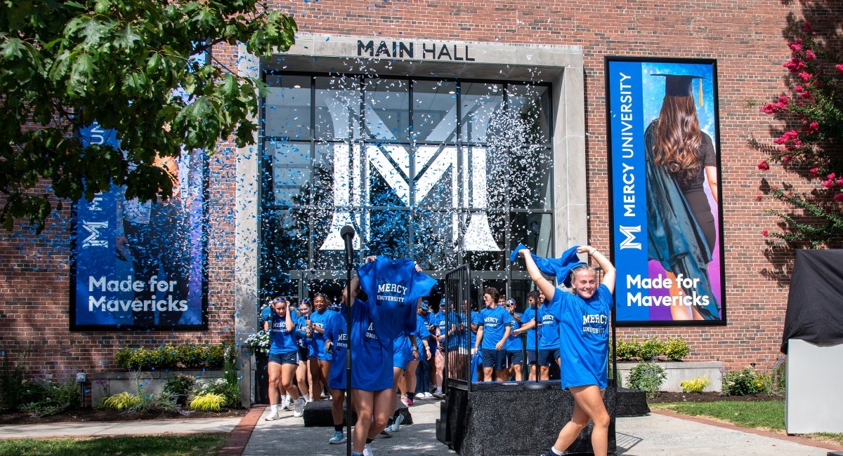 Mercy University students outside Main Hall