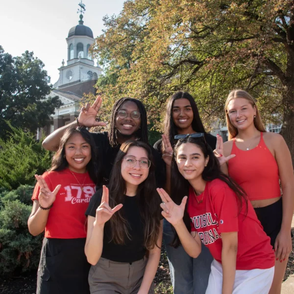 Group of UoL students smiling at camera