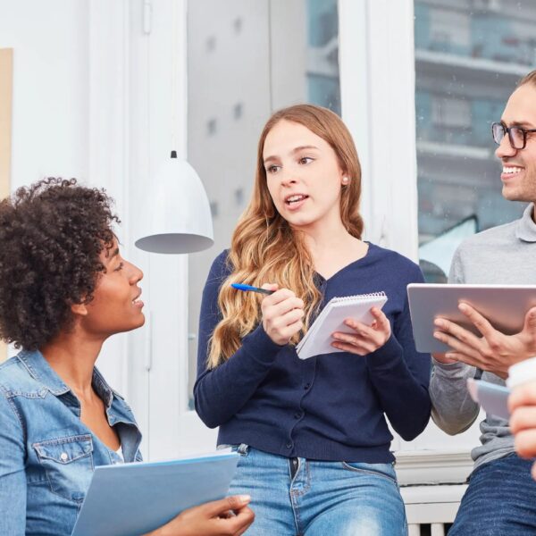 Humanities students talking in a group
