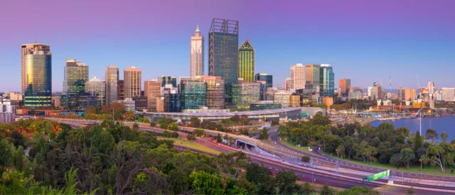 cityscape image of Perth skyline, Australia during twilight blue hour.