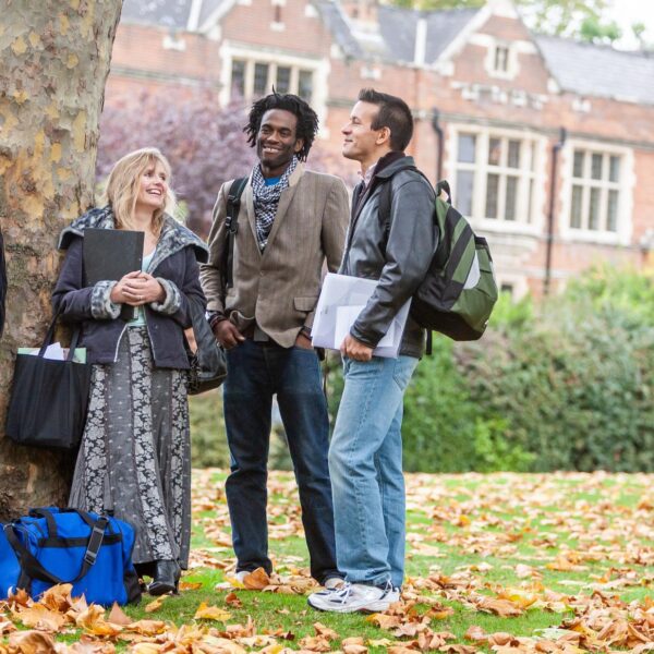 Group of students stood outside by a tree in Autumn