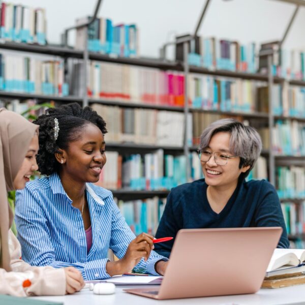 group of students working in library