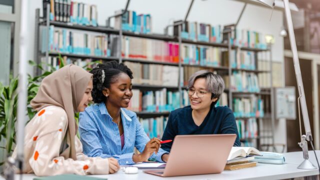 group of students working in library