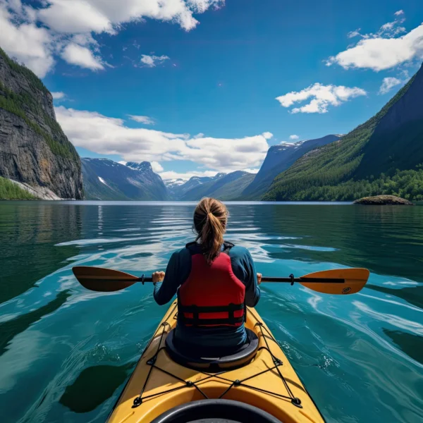 person kayaking surrounding by beautiful mountains
