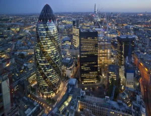 The Gherkin building London at night
